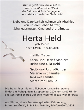 Traueranzeige von Herta Held von Neue Deister-Zeitung