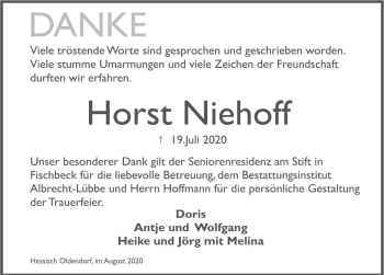 Traueranzeige von Horst Niehoff von Deister- und Weserzeitung