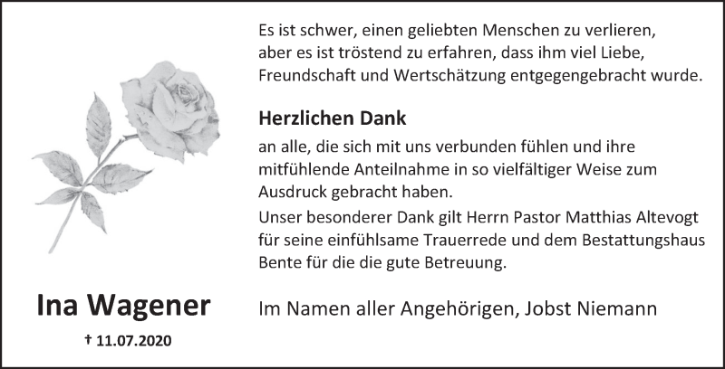  Traueranzeige für Ina Wagener vom 29.08.2020 aus Deister- und Weserzeitung