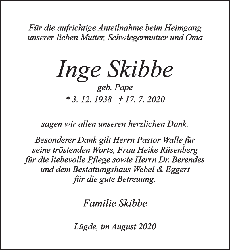  Traueranzeige für Inge Skibbe vom 08.08.2020 aus Deister- und Weserzeitung