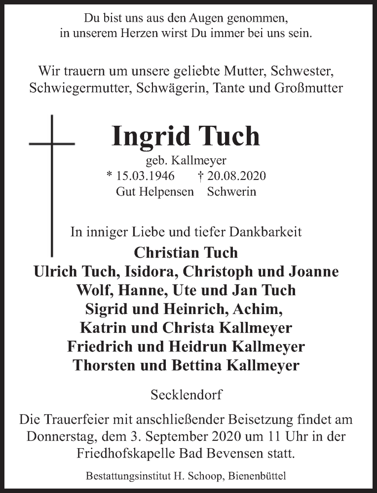  Traueranzeige für Ingrid Tuch vom 29.08.2020 aus Deister- und Weserzeitung
