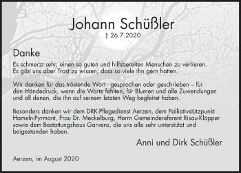 Traueranzeige von Johann Schüßler von Deister- und Weserzeitung