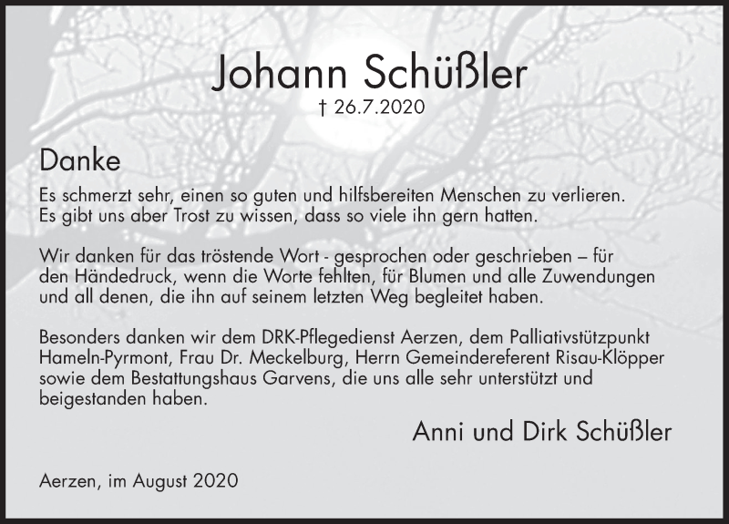  Traueranzeige für Johann Schüßler vom 22.08.2020 aus Deister- und Weserzeitung