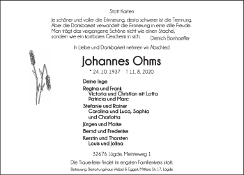Traueranzeige von Johannes Ohms von Deister- und Weserzeitung