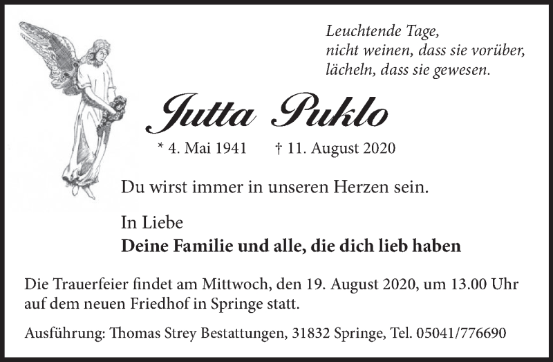  Traueranzeige für Jutta Puklo vom 15.08.2020 aus Neue Deister-Zeitung