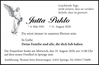 Traueranzeige von Jutta Puklo von Neue Deister-Zeitung