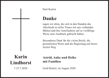 Traueranzeige von Karin Lindhorst von Deister- und Weserzeitung