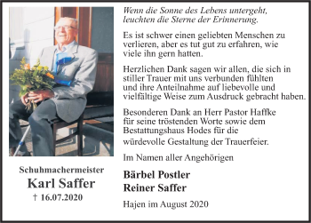 Traueranzeige von Karl Saffer von Deister- und Weserzeitung