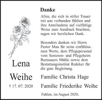 Traueranzeige von Lena Weihe von Deister- und Weserzeitung