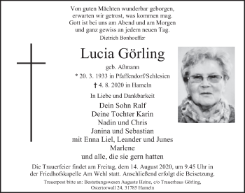 Traueranzeige von Lucia Görling von Deister- und Weserzeitung