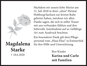 Traueranzeige von Magdalena Starke von Deister- und Weserzeitung