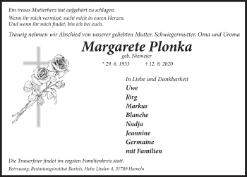 Traueranzeige von Margarete Plonka von Deister- und Weserzeitung
