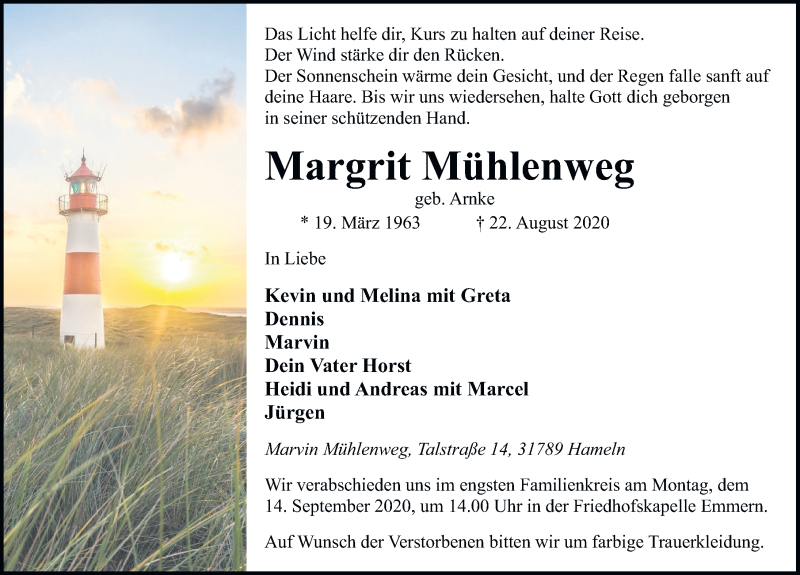  Traueranzeige für Margrit Mühlenweg vom 29.08.2020 aus Deister- und Weserzeitung