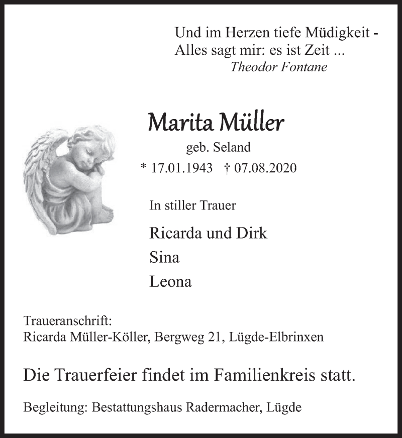  Traueranzeige für Marita Müller vom 11.08.2020 aus Deister- und Weserzeitung