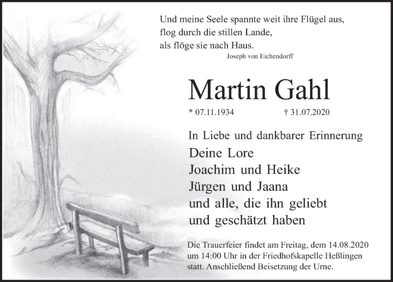  Traueranzeige für Martin Gahl vom 08.08.2020 aus Deister- und Weserzeitung