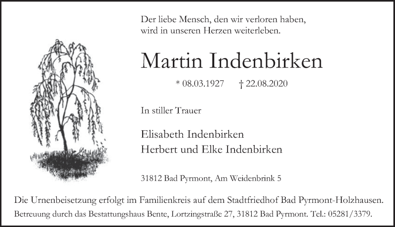  Traueranzeige für Martin Indenbirken vom 29.08.2020 aus Deister- und Weserzeitung