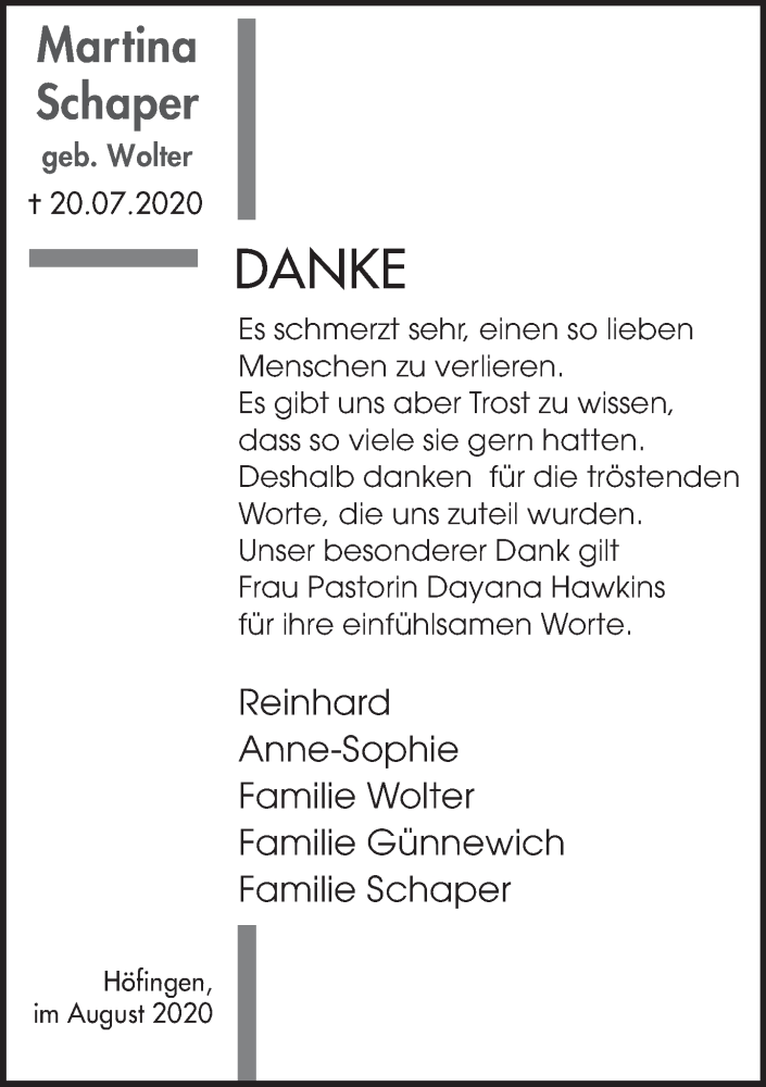  Traueranzeige für Martina Schaper vom 22.08.2020 aus Deister- und Weserzeitung