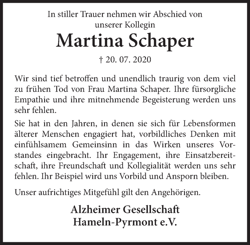 Traueranzeige für Martina Schaper vom 04.08.2020 aus Deister- und Weserzeitung