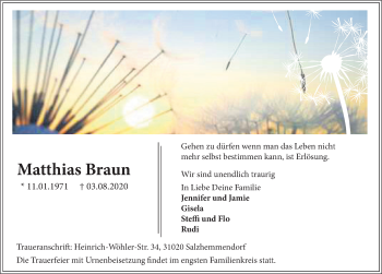 Traueranzeige von Matthias Braun von Deister- und Weserzeitung