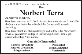 Traueranzeige von Norbert Terra von Deister- und Weserzeitung