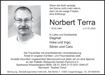 Traueranzeige von Norbert Terra von Deister- und Weserzeitung