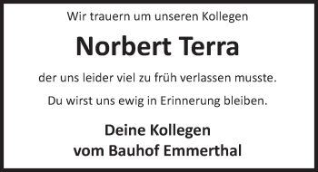Traueranzeige von Norbert Terra von Deister- und Weserzeitung
