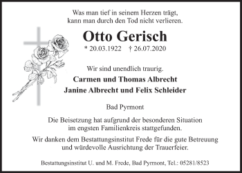 Traueranzeige von Otto Gerisch von Deister- und Weserzeitung