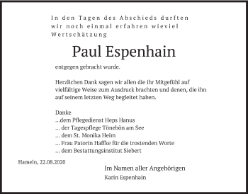 Traueranzeige von Paul Espenhain von Deister- und Weserzeitung