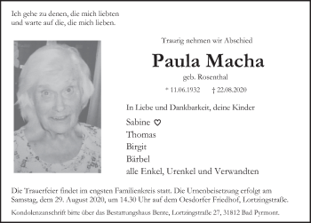 Traueranzeige von Paula Macha von Deister- und Weserzeitung