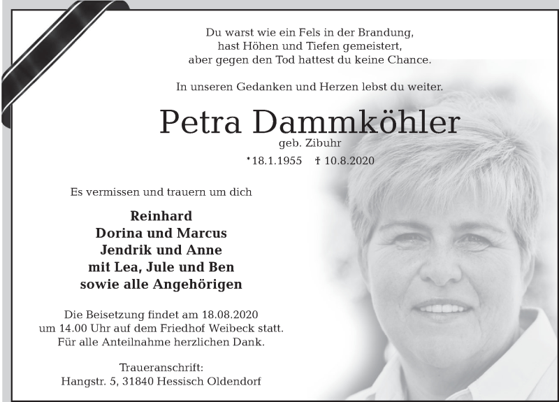  Traueranzeige für Petra Dammköhler vom 15.08.2020 aus Deister- und Weserzeitung