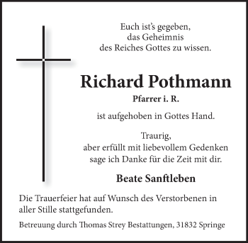 Traueranzeige von Richard Pothmann von Neue Deister-Zeitung