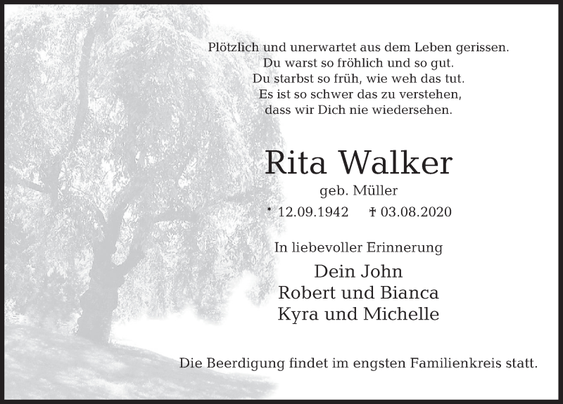  Traueranzeige für Rita Walker vom 08.08.2020 aus Deister- und Weserzeitung