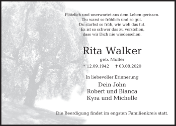 Traueranzeige von Rita Walker von Deister- und Weserzeitung