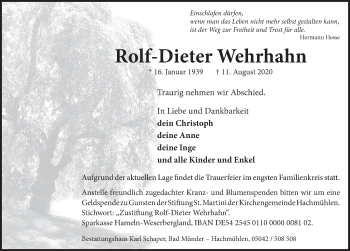 Traueranzeige von Rolf-Dieter Wehrhahn von Neue Deister-Zeitung