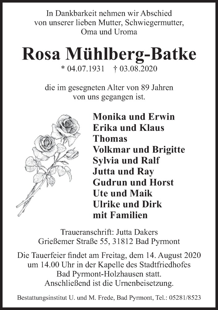  Traueranzeige für Rosa Mühlberg-Batke vom 08.08.2020 aus Deister- und Weserzeitung