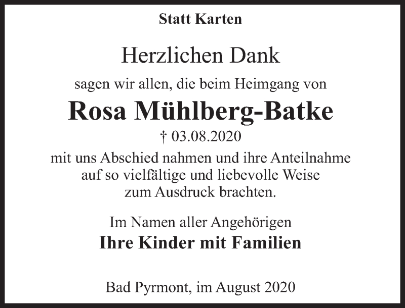  Traueranzeige für Rosa Mühlberg-Batke vom 29.08.2020 aus Deister- und Weserzeitung