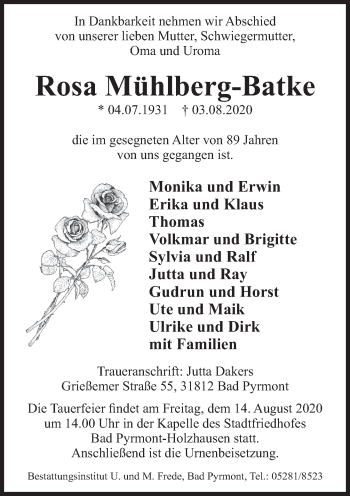 Traueranzeige von Rosa Mühlberg-Batke von Deister- und Weserzeitung