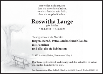 Traueranzeige von Roswitha Lange von Deister- und Weserzeitung