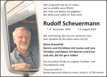 Traueranzeige von Rudolf Scheuermann von Deister- und Weserzeitung