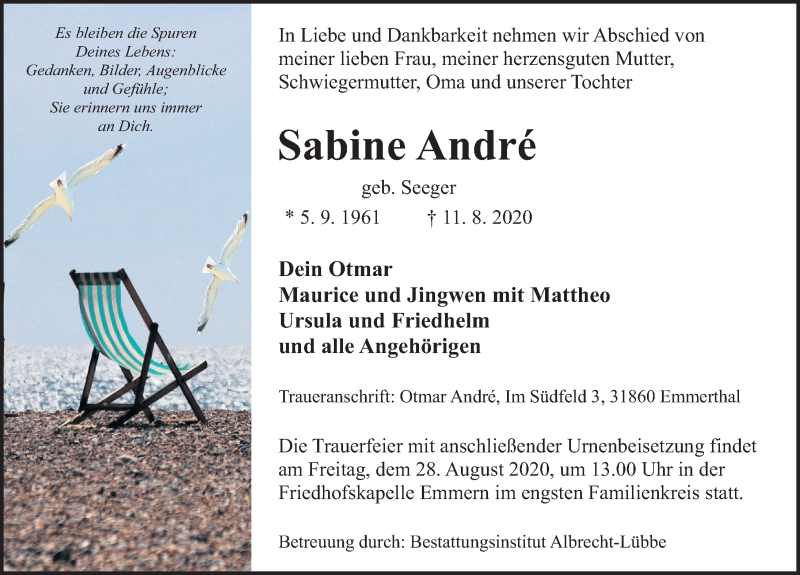 Traueranzeige für Sabine André vom 22.08.2020 aus Deister- und Weserzeitung