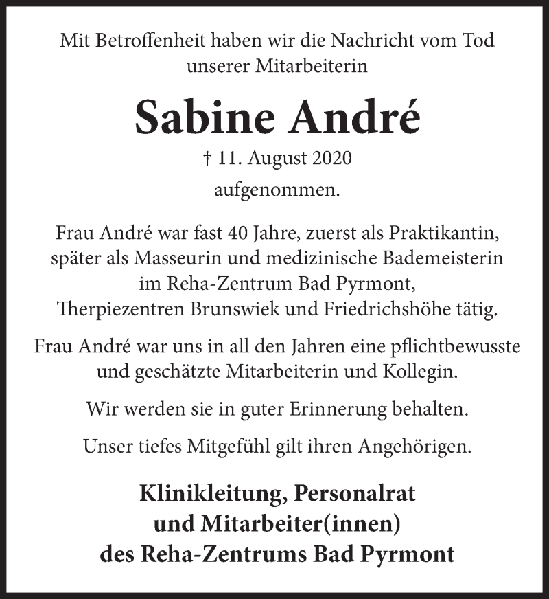  Traueranzeige für Sabine André vom 22.08.2020 aus Deister- und Weserzeitung
