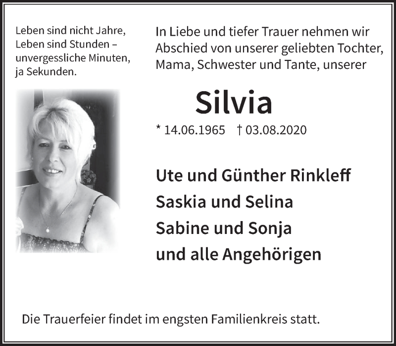  Traueranzeige für Silvia  vom 12.08.2020 aus Deister- und Weserzeitung
