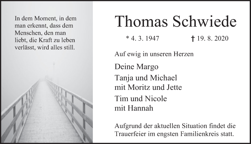  Traueranzeige für Thomas Schwiede vom 22.08.2020 aus Deister- und Weserzeitung