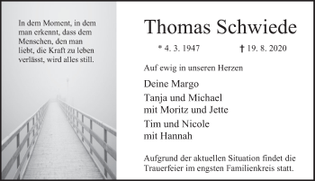 Traueranzeige von Thomas Schwiede von Deister- und Weserzeitung