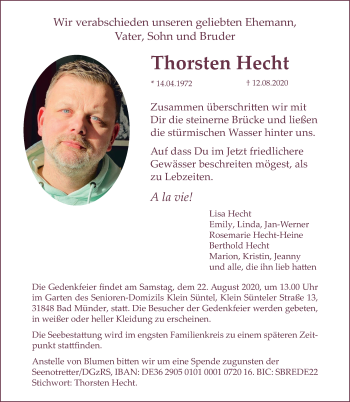 Traueranzeige von Thorsten Hecht von Deister- und Weserzeitung