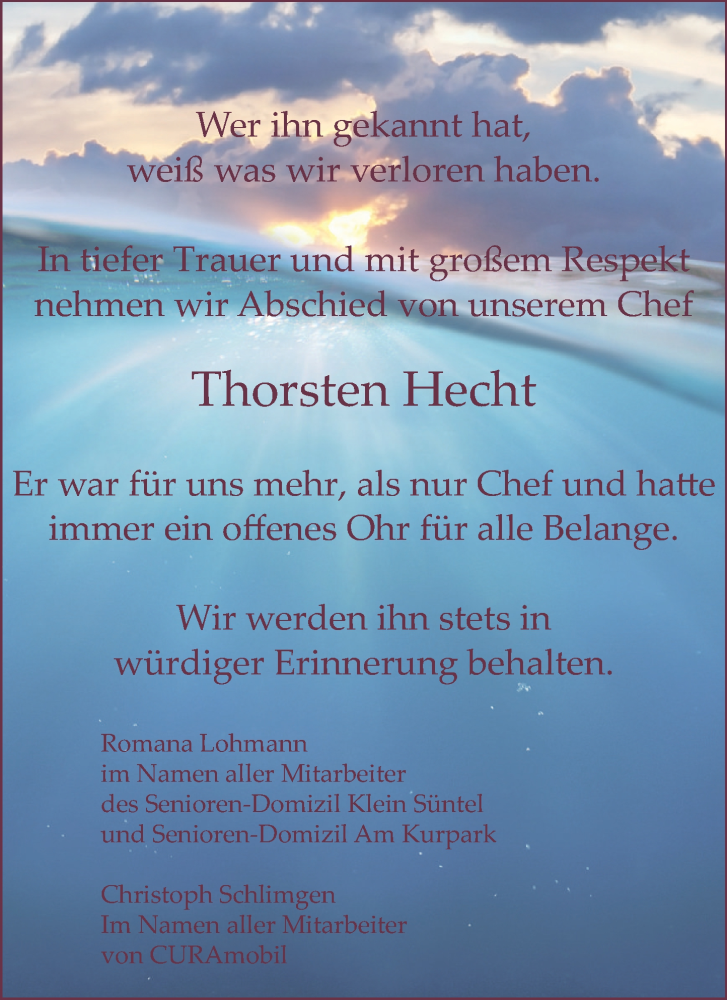  Traueranzeige für Thorsten Hecht vom 22.08.2020 aus Neue Deister-Zeitung