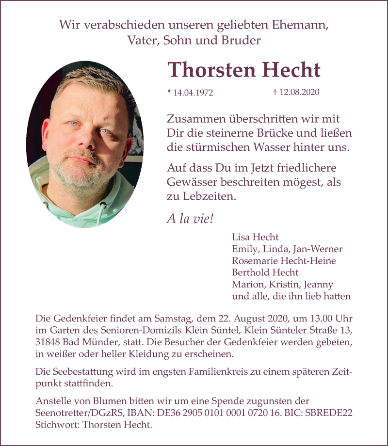  Traueranzeige für Thorsten Hecht vom 15.08.2020 aus Deister- und Weserzeitung