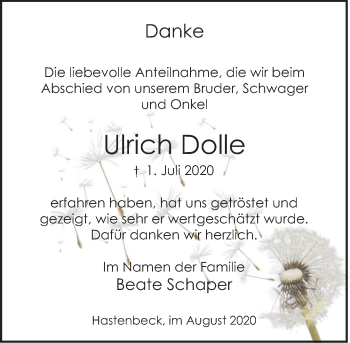 Traueranzeige von Ulrich Dolle von Deister- und Weserzeitung