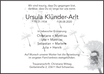 Traueranzeige von Ursula Klünder-Arlt von Deister- und Weserzeitung