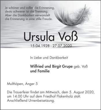 Traueranzeige von Ursula Voß von Deister- und Weserzeitung